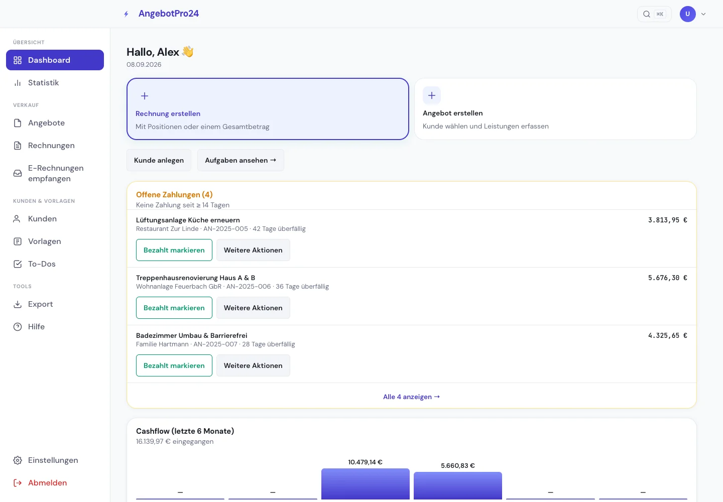 AngebotPro24: Rechnung erstellen und offene Zahlungen im Dashboard bearbeiten